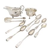 A silver sauceboat, George V sugar bowl, and a set of George III spoons