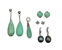 A pair of solitaire diamond earrings, black pearl drops, jade bead earrings and two more