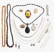 A collection of silver, gold plated and amber costume jewellery