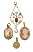 A Edwardian seed pearl and garnet pendant, locket and two more