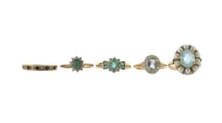 Five gem-set and yellow gold rings