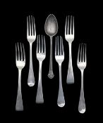 A group of six George IV and Victorian silver forks, and a spoon