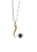A 9ct gold chain with pendant and cluster ring