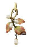 An enamelled leaf and pearl pendant