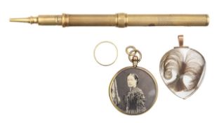 A Sampson Mordan gold propelling pencil, two mourning pendants and a small gold ring