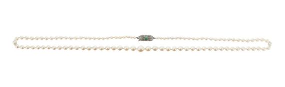 A pearl necklace with 18ct diamond and emerald set clasp