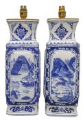 A pair of blue and white Chinese porcelain vases, converted to lamps