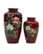 Two Japanese 'pidgeon blood' ginabri cloisonné vases