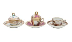 Three Meissen porcelain chocolate cups and saucers