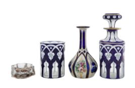 Three Bohemian blue glass vases and a Georgian glass salt