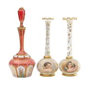 A pair of Bohemian glass vases, and a decanter
