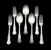 A harlequin set of King's pattern silver spoons and forks