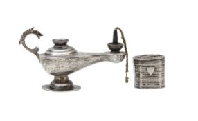 An Egyptian silver lamp and Dutch silver snuffbox