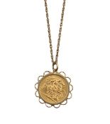 A 1912 half sovereign in 9ct pendant mount plus chain