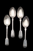 Four Victorian silver Fiddle pattern spoons