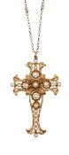 A late Victorian pearl set cross with necklace