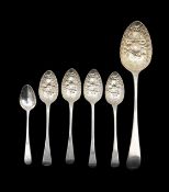 A group of George III and later silver berry spoons, and a teaspoon