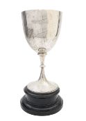 A silver trophy cup on stand