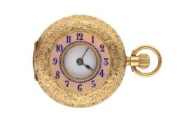 An Omega ladies 18K gold and enamel half hunter key less pocket watch