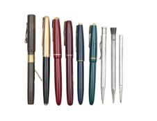 A group of ten silver and gold nib pens