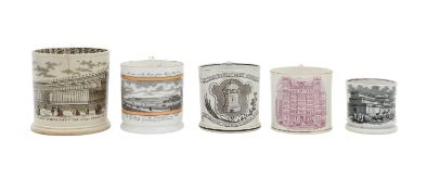 Five topographical transfer ware printed mugs