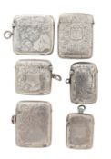A group of six Victorian and later silver vesta cases