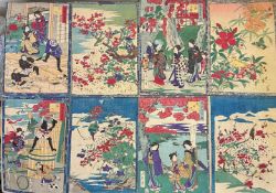 FOUR PAIRS OF JAPANESE WOOD BLOCK PRINTS, ALL SIGNED, CIRCA 1870-80, IN GOOD CONDITION AND NOT