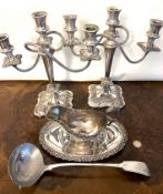 PAIR OF SILVER PLATED CANDELABRAS WITH SCROLL ARMS, PLUS SAUCE BOAT, TRAY AND LADLE