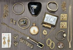Quantity of Gold Coloured Costume Jewellery, Stratton Compact. Bulova Ladies Watch Etc used
