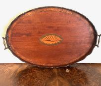 MAHOGANY SERVING TRAY WITH SHELL INLAY, APPROX 54 x 40cm