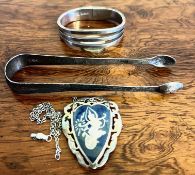 SILVER SUGAR TONGS, SIAM PENDANT AND CHAIN, TONGS AND PENDANT WEIGHT APPROX 34g, PLUS STERLING