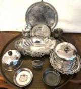 BRASS TRAY TOGETHER WITH VARIOUS SILVER PLATED ITEMS