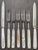 Part Set of Hallmarked Silver Knives 7 Forks (5+3) With Mother of Pearl Handles. Total Weight