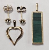 9ct Gold & Malachite Pendant, Total Approx. 2.5g, 800 Silver Gilt Heart Pendant, Plus Stud