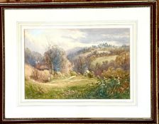 WATERCOLOUR, COUNTRY LANDSCAPE, SIGNATURE INDISTINCT, FRAMED AND GLAZED, APPROX 24 x 36cm