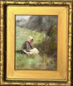 OIL ON CANVAS, SITTING BY THE REEDS, SIGNED AND DATED 1894, 19th CENTURY, WITHIN GOOD GILDED