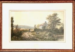 L LEWIS, WATERCOLOUR, COUNTRY LANE, 1884, FRAMED AND GLAZED, APPROX 22 x 40cm