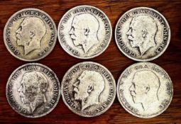 SIX HALF CROWNS, GEORGE V, WEIGHT APPROX 83.4g