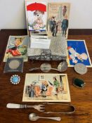 ACCUMULATION OF VINTAGE OBJECTS INCLUDING POSTCARDS AND EVENING BAG, ETC.