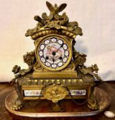 FRENCH GILDED METAL MANTLE CLOCK, IN NEED OF RESTORATION, APPROX 28cm HIGH