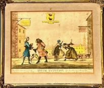 POLYCHROME PRINT, MUTUAL ACCUSATION, PUBLISHED 1774, FRAMED AND GLAZED, APPROX 23 x 29cm