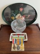 PAINTED TRAY, CAMERON HIGHLANDERS MEDALS, ALSO SMALL CERAMIC DISH AND CUT GLASS ROSE BOWL,