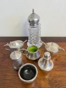 SIX VARIOUS SILVER PIECES FROM CRUET SETS AND SILVER TOPPED CUT GLASS SUGAR SHAKER