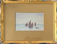 R N ELLIS, WATERCOLOUR, SAILING BOATS WITHIN A LAGOON, 1916, FRAMED AND GLAZED, APPROX 15 x 22cm