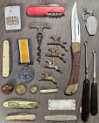Sundry Lot Inc. 1914-18 War Medal, Penknives, Antique Corkscrew, Mother of Pearl Counter, Lead