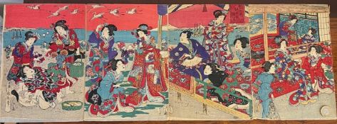 FOUR PAIRS OF JAPANESE WOOD BLOCK PRINTS, ALL SIGNED, CIRCA 1870-80, IN GOOD CONDITION AND NOT
