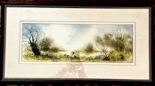 NEIL JONES, WATERCOLOUR, WOODLAND PHEASANTS, FRAMED AND GLAZED, APPROX 16 x 45cm