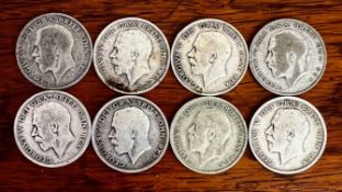 EIGHT HALF CROWNS, GEORGE V, WEIGHT APPROX 110g