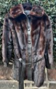 3/4 BROWN MINK COAT WITH LEATHER INSERTS, BUTTON THROUGH AND WITH LEATHER TIE BELT, SIZE SMALL 16,