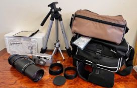STEINHEIL LENS F300ML, TWO TRIPODS, FLASHGUN, FUGI CAMERA, TWO CARRYING BAGS